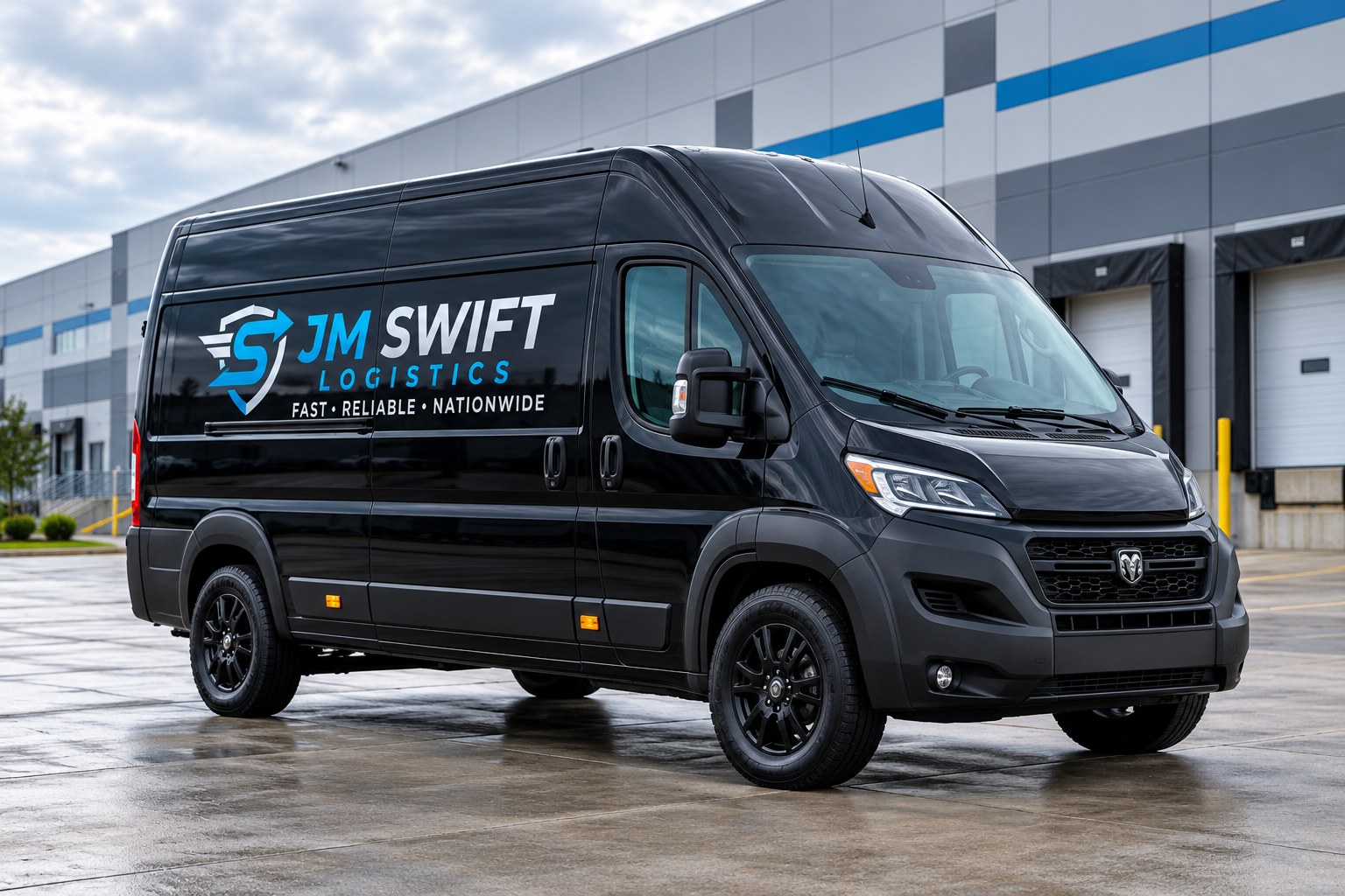 Illustration of a JM Swift branded cargo van at an industrial building